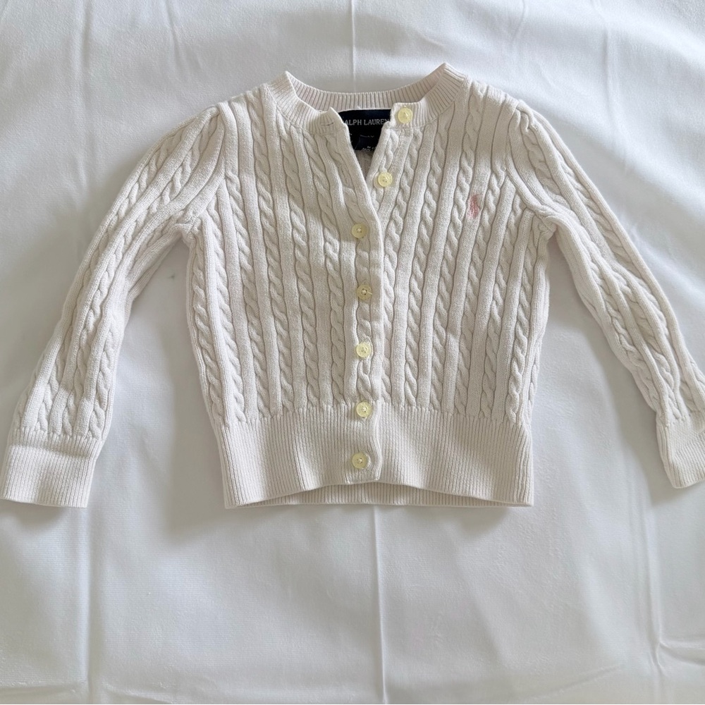 Ralph Lauren Cream Cable-Knit Button Cardigan with Pink Pony